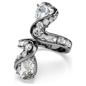 Anello aperto della collezione Vienna con motivo a piuma, bianco, placcato in rutenio Anello aperto della collezione Vienna con motivo a piuma, bianco, placcato in rutenio