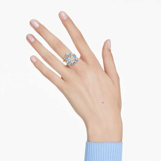 Anello aperto Idyllia con tagli misti, fiore, blu, placcato oro Anello aperto Idyllia con tagli misti, fiore, blu, placcato oro