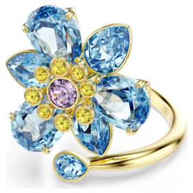 Anello aperto Idyllia con tagli misti, fiore, blu, placcato oro Anello aperto Idyllia con tagli misti, fiore, blu, placcato oro