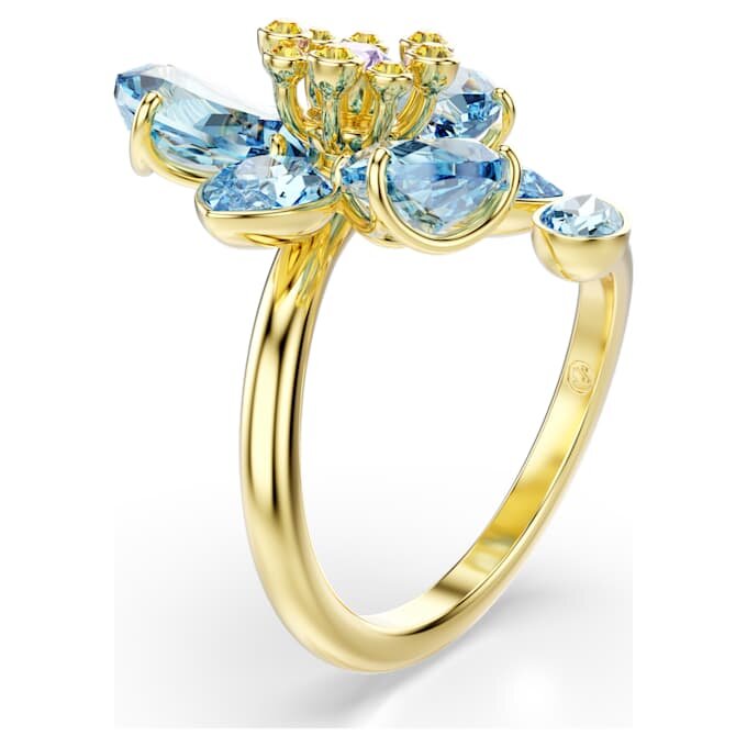 Anello aperto Idyllia con tagli misti, fiore, blu, placcato oro Anello aperto Idyllia con tagli misti, fiore, blu, placcato oro