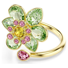 Anello aperto Idyllia con tagli misti, fiore, verde, placcato oro Anello aperto Idyllia con tagli misti, fiore, verde, placcato oro