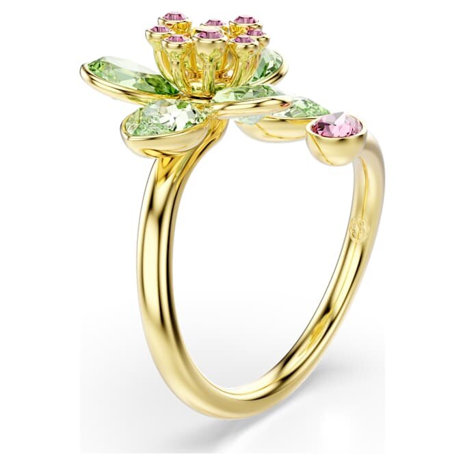 Anello aperto Idyllia con tagli misti, fiore, verde, placcato oro Anello aperto Idyllia con tagli misti, fiore, verde, placcato oro