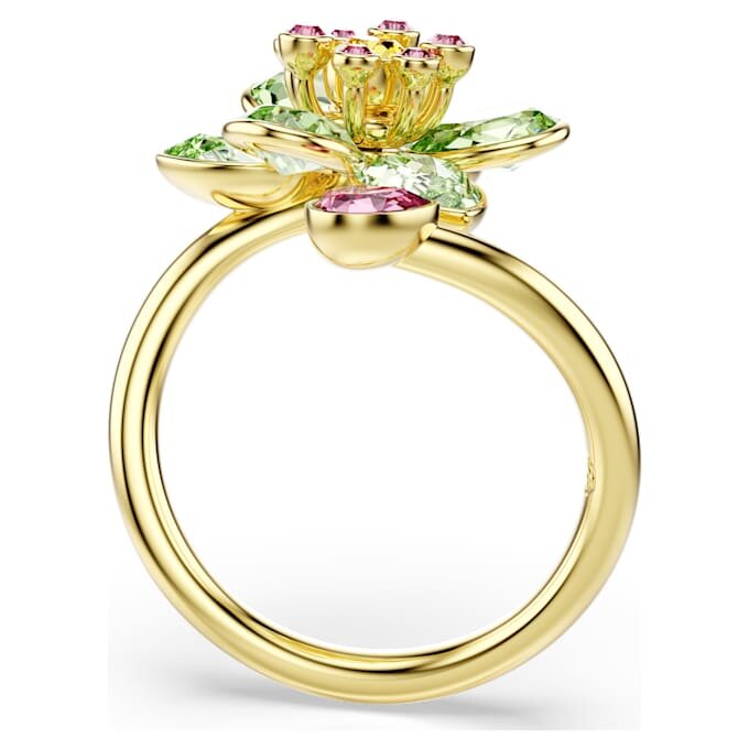 Anello aperto Idyllia con tagli misti, fiore, verde, placcato oro Anello aperto Idyllia con tagli misti, fiore, verde, placcato oro