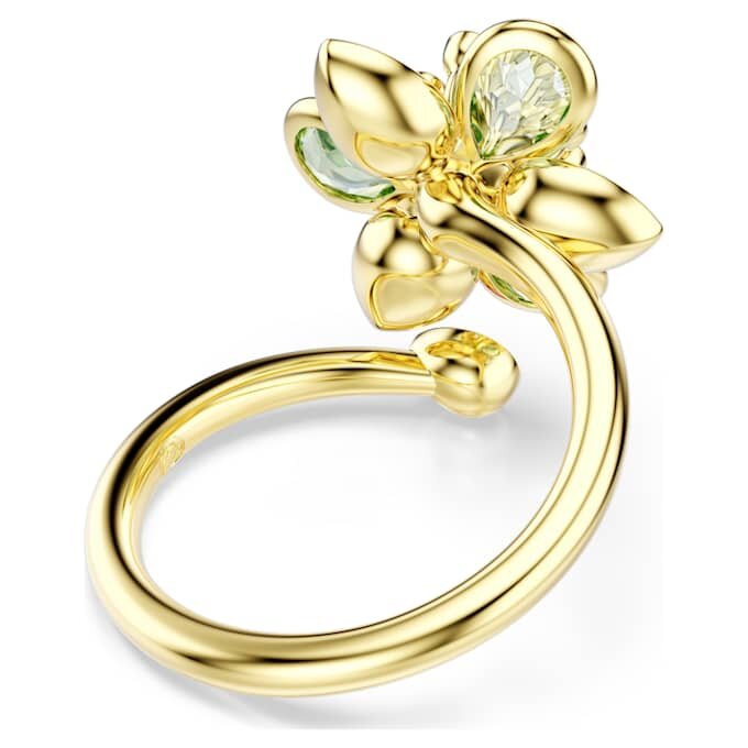 Anello aperto Idyllia con tagli misti, fiore, verde, placcato oro Anello aperto Idyllia con tagli misti, fiore, verde, placcato oro