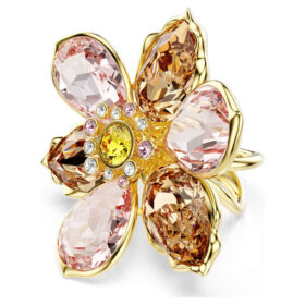 Anello con motivo Idyllia, tagli misti, fiore, multicolore, placcato oro