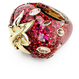 Anello con motivo Idyllia, tagli misti, fragola, rosso, placcato oro