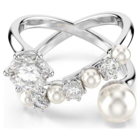 Anello da cocktail Matrix con perla di cristallo, taglio rotondo, bianco, placcato in rodio