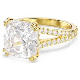 Anello da cocktail Stilla con taglio quadrato, pavé, bianco, placcato oro