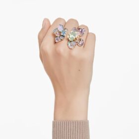 Anello Idyllia con tagli misti, pavé, motivo floreale, multicolore, placcato oro