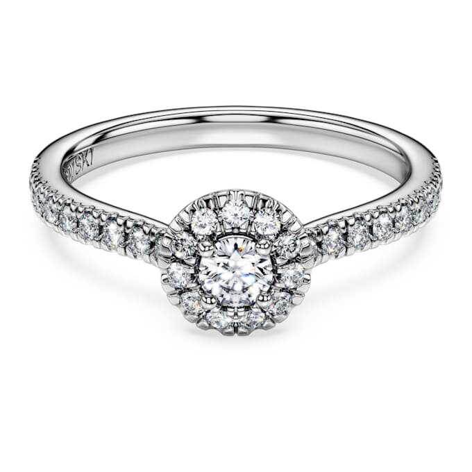 Anello solitario Eternity Halo con diamanti sintetici 0,45 carati in totale, forma rotonda, argento sterling Anello solitario Eternity Halo con diamanti sintetici 0,45 carati in totale, forma rotonda, argento sterling