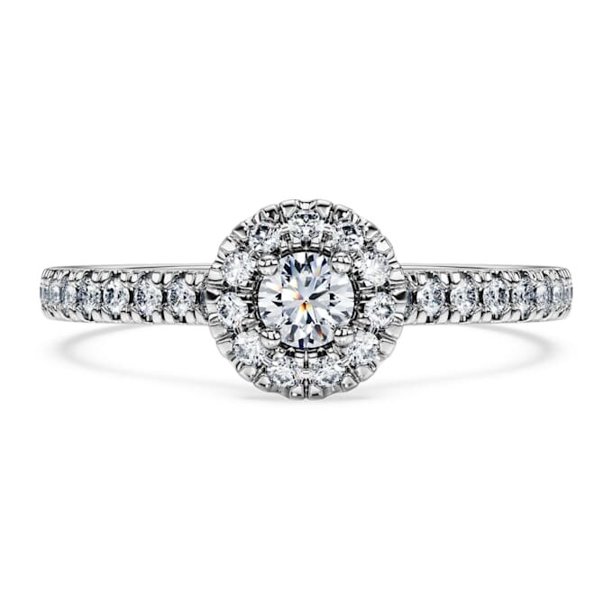 Anello solitario Eternity Halo con diamanti sintetici 0,45 carati in totale, forma rotonda, argento sterling Anello solitario Eternity Halo con diamanti sintetici 0,45 carati in totale, forma rotonda, argento sterling