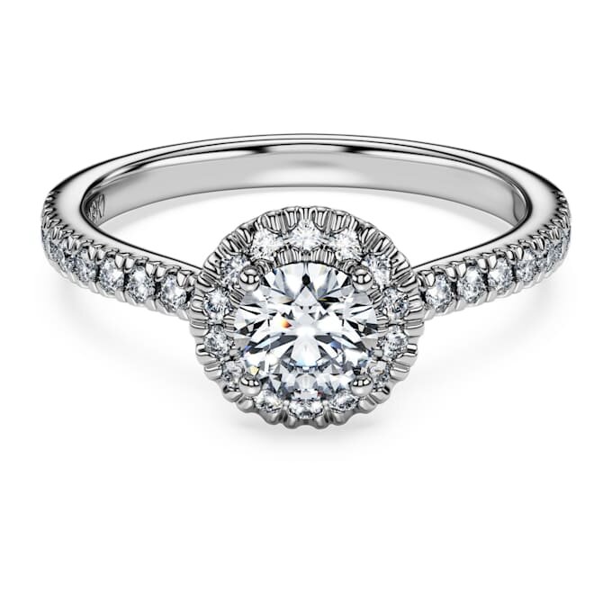 Anello solitario Eternity Halo con diamanti sintetici 0,8 carati in totale, forma rotonda, oro bianco 14K Anello solitario Eternity Halo con diamanti sintetici 0,8 carati in totale, forma rotonda, oro bianco 14K
