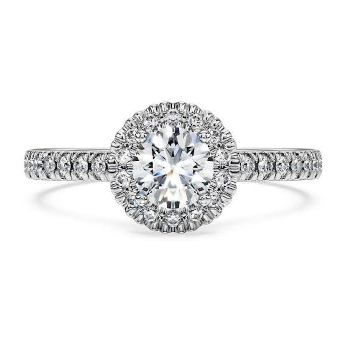 Anello solitario Eternity Halo con diamanti sintetici 0,8 carati in totale, forma rotonda, oro bianco 14K Anello solitario Eternity Halo con diamanti sintetici 0,8 carati in totale, forma rotonda, oro bianco 14K