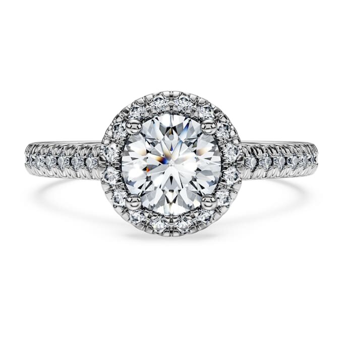 Anello solitario Eternity Halo con diamanti sintetici da laboratorio 1,33 carati in totale, forma rotonda, oro bianco 14K Anello solitario Eternity Halo con diamanti sintetici da laboratorio 1,33 carati in totale, forma rotonda, oro bianco 14K