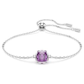 Bracciale con pietra natale a taglio quadrato, febbraio, viola, placcato in rodio