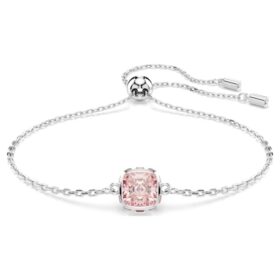 Bracciale con pietra natale a taglio quadrato, giugno, rosa, placcato in rodio