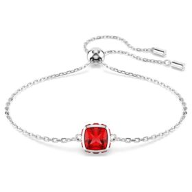 Bracciale con pietra natale a taglio quadrato, luglio, rosso, placcato in rodio