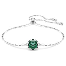 Bracciale con pietra natale a taglio quadrato, maggio, verde, placcato in rodio