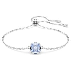Bracciale con pietra natale a taglio quadrato, marzo, blu, placcato in rodio