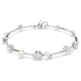 Bracciale Constella con perle di cristallo, taglio rotondo, bianco, placcato in rodio