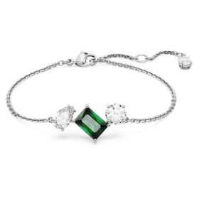 Bracciale Mesmera con tagli misti, verde, placcato in rodio