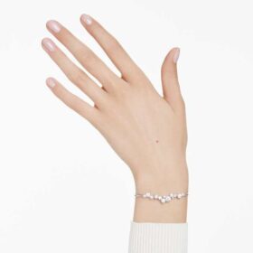 Bracciale rigido Constella con perle di cristallo, taglio rotondo, bianco, placcato in rodio