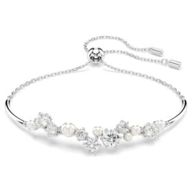 Bracciale rigido Constella con perle di cristallo, taglio rotondo, bianco, placcato in rodio