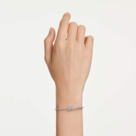 Bracciale rigido Constella con taglio rotondo, pietra danzante, bianco, placcato in rodio