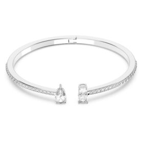 Bracciale rigido Mesmera con tagli misti, bianco, placcato in rodio