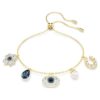 Bracciale Symbolica con perla di cristallo, trifoglio, occhio malvagio e ferro di cavallo, blu, placcato in oro