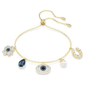 Bracciale Symbolica con perla di cristallo, trifoglio, occhio malvagio e ferro di cavallo, blu, placcato in oro