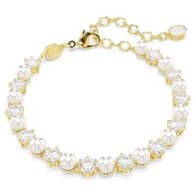 Bracciale Tennis Matrix con perle di cristallo, taglio rotondo, bianco, placcato oro