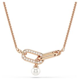 Ciondolo Constella con perla di cristallo, taglio rotondo, bianco, placcato oro rosa