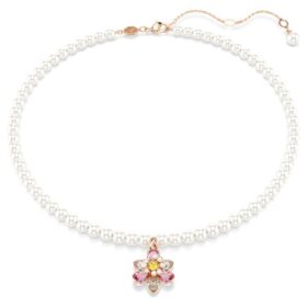 Ciondolo Idyllia con perla di cristallo, tagli misti, fiore, multicolore, placcato in oro rosa