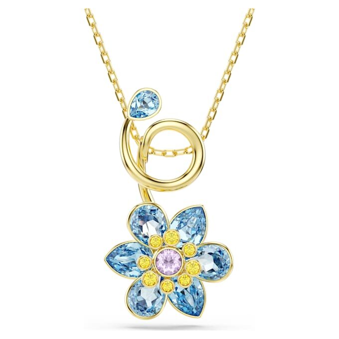 Ciondolo Idyllia con tagli misti, a forma di fiore, blu, placcato in oro Ciondolo Idyllia con tagli misti, a forma di fiore, blu, placcato in oro