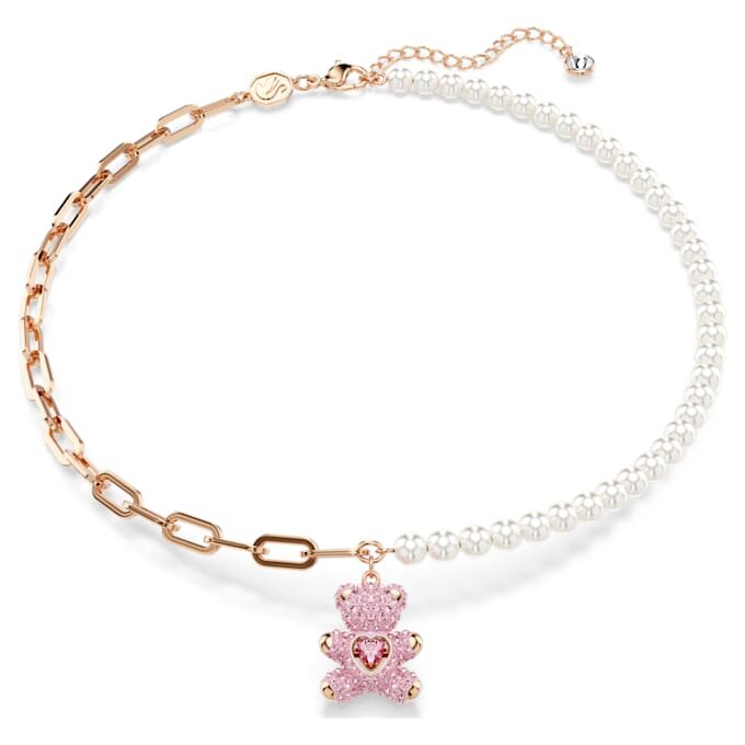 Ciondolo orsacchiotto con perla di cristallo, orsacchiotto, rosa, placcato in oro rosa Ciondolo orsacchiotto con perla di cristallo, orsacchiotto, rosa, placcato in oro rosa
