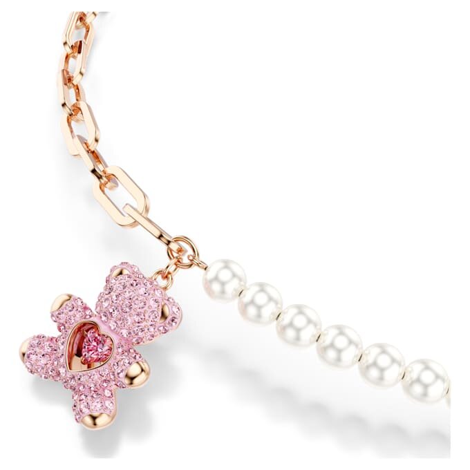 Ciondolo orsacchiotto con perla di cristallo, orsacchiotto, rosa, placcato in oro rosa Ciondolo orsacchiotto con perla di cristallo, orsacchiotto, rosa, placcato in oro rosa