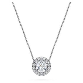 Ciondolo solitario Eternity Halo con diamanti sintetici 0,59 carati in totale, forma rotonda, oro bianco 14K