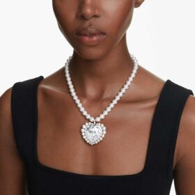 Collana Ariana Grande X Swarovski con perla di cristallo, taglio a cuore, cuore, bianco, placcata in rodio