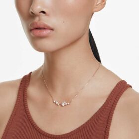 Collana Constella con perle di cristallo, taglio rotondo, bianco, placcata in oro rosa