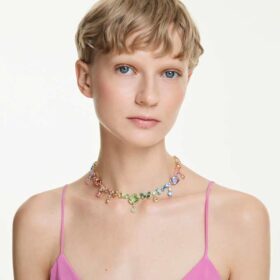Collana Gema con tagli misti, cristalli pendenti, multicolore, placcata in oro