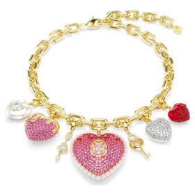 Collana Idyllia con ciondoli di diverse forme, cuore, chiave, multicolore, placcata in oro