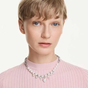 Collana Idyllia con perle di cristallo, tagli misti, bianca, placcata in rodio