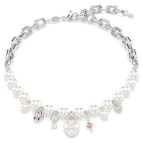 Collana Idyllia con perle di cristallo, tagli misti, bianca, placcata in rodio