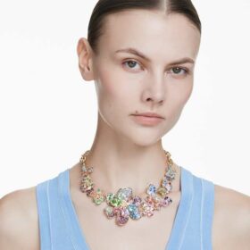 Collana Idyllia con tagli misti, pavé, fiore, multicolore, placcata in oro