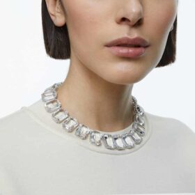 Collana Millenia con cristalli oversize, taglio ottagonale, bianca, placcata in rodio