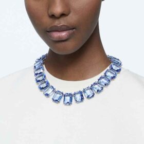 Collana Millenia con cristalli oversize, taglio ottagonale, blu, placcata in rodio