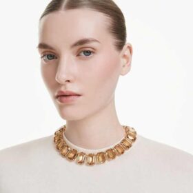 Collana Millenia con cristalli oversize, taglio ottagonale, color caramello, placcata in oro