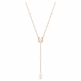 Collana Symbolica a Y con perla di cristallo, pavé, ferro di cavallo, bianca, placcata in oro rosa