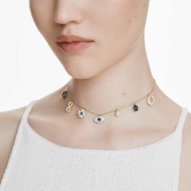 Girocollo Symbolica con perla di cristallo, luna, Infinity, quadrifoglio, occhio malvagio e ferro di cavallo, blu, placcato oro